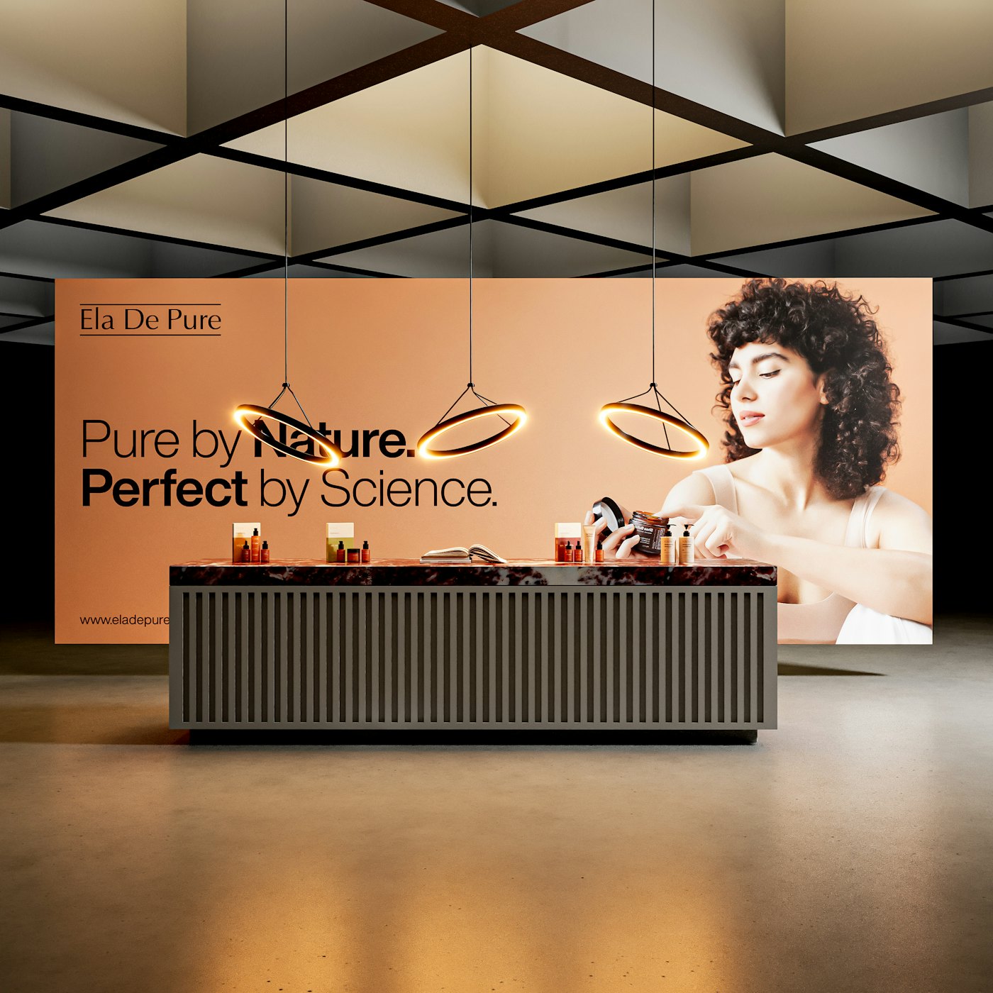 An exhibition counter with a printed promotional backdrop