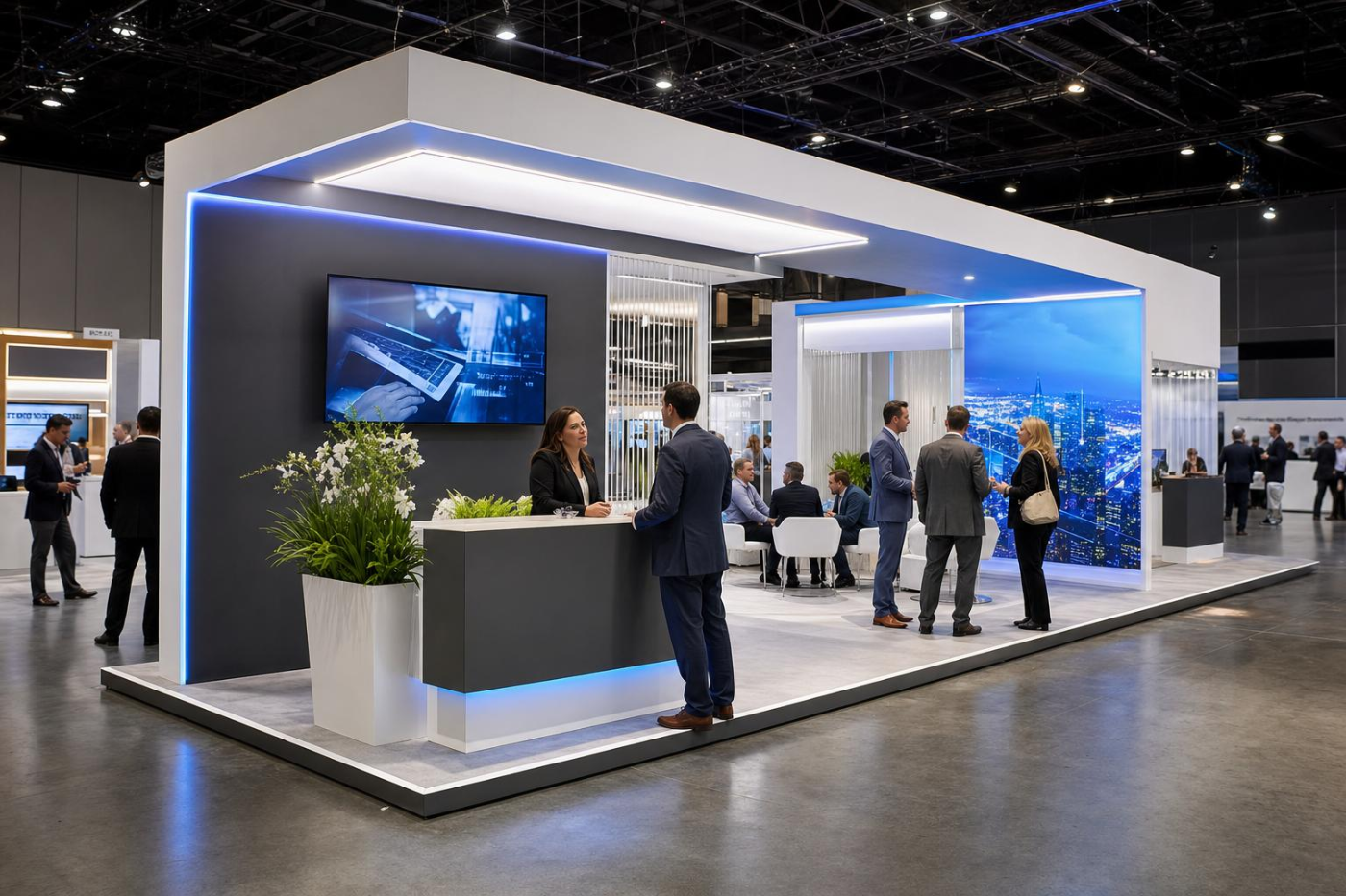 A white and blue exhibition stand with a reception counter and meeting area
