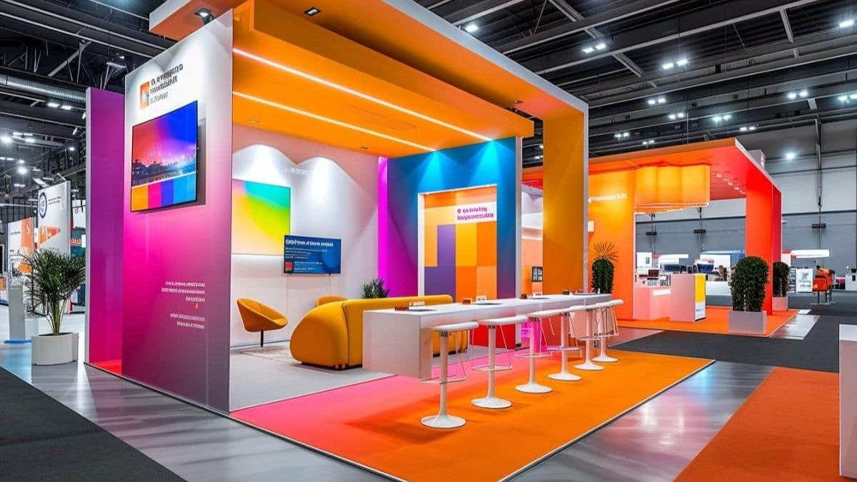 A bold orange, pink and blue exhibition stand with a lounge and bar